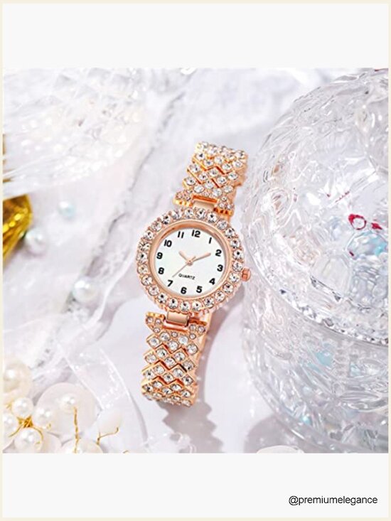 Luxury Diamond Dial Quartz Wrist Watch Set with Bangle Bracelet